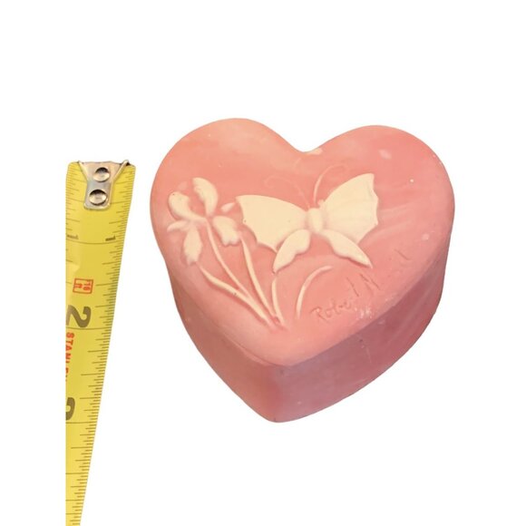 Vintage Robert Nemith Pink Soap Stone Incolay Butterfly Flowers Heart Box Signed - Picture 3 of 8